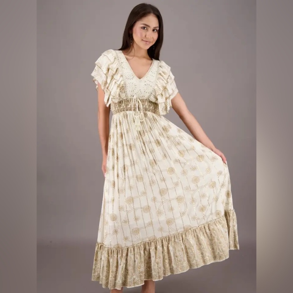 Ananta bohemian floral tiered Maxi dress Cream L/XL dainty cottagecore v neck
